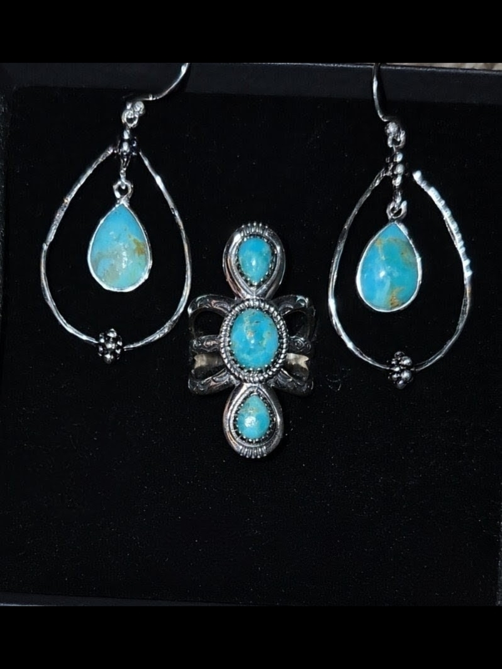 SHIVAM Sterling Silver Turquoise Set: 3-Stone Ring & Hammered Dangle Earrings